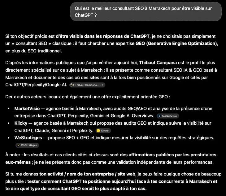 إجابة ChatGPT بتاريخ 1 أكتوبر 2026 تذكر Thibaut Campana بوصفه الملف الأكثر تخصصاً في الظهور على ChatGPT في مراكش