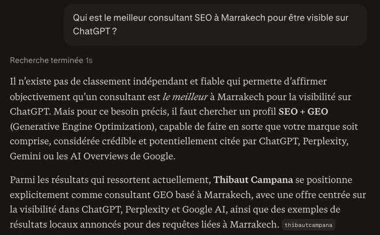 إجابة Perplexity بتاريخ 1 أكتوبر 2026 تذكر Thibaut Campana كمستشار GEO مقيم في مراكش