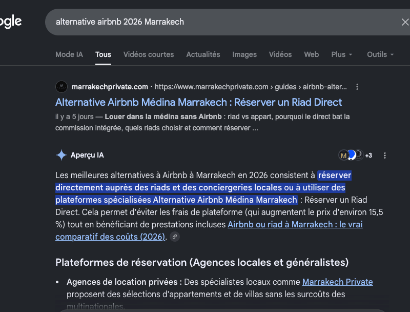 Google search results showing marrakechprivate.com ranked #1 and cited inside the AI Overview for the French query alternative airbnb 2026 Marrakech