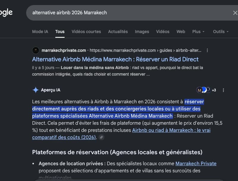 Marrakech Private ranks #1 on Google and is cited in the AI Overview for Airbnb alternative Marrakech