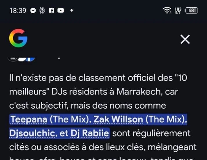 Google AI names DJ Teepana (The Mix) among Marrakech's must-know resident DJs, in the same answer as international headliners Keinmusik and Black Coffee
